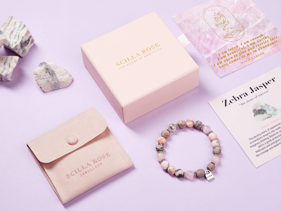 Rose Quartz Crystal & Zebra Jasper Love Charm Bracelet Gifts